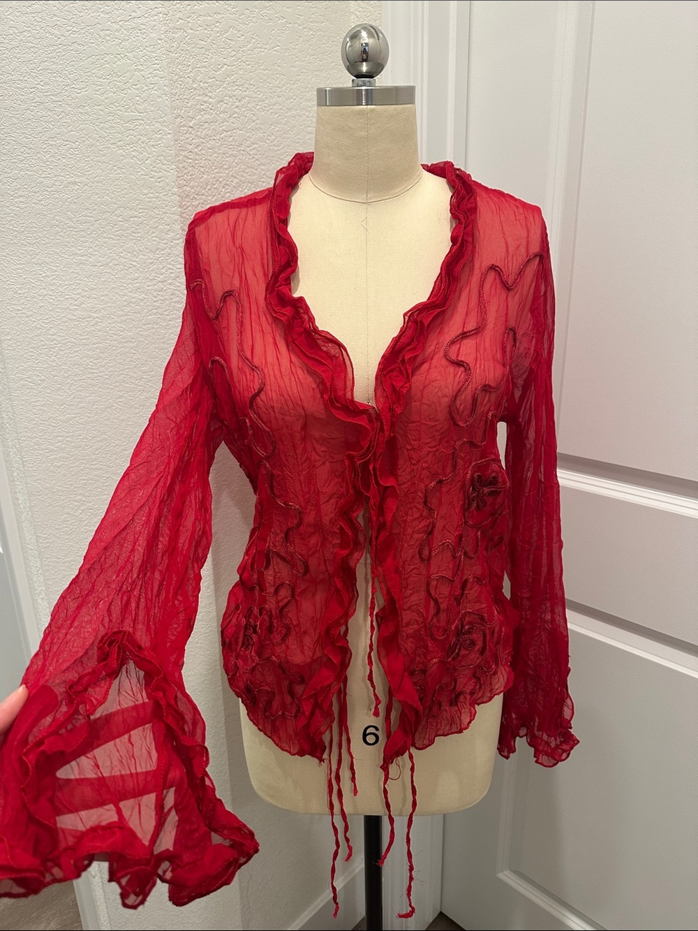 Sheer Ruffled Red Blouse euro frill rose sheer mesh y2k vintage